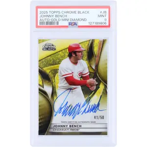 Johnny Bench Cincinnati Reds Autographed 2025 Topps Chrome Black Gold Mini Diamond Refractor #CBA-JB #41/50 PSA Authenticated 9 Card - Fanatics Authentic Certified