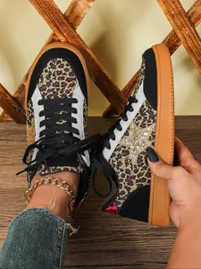 Women's Leopard Print Casual Sneakers, Comfortable Breathable Low Top Lace-Up Shoes, Perfect for Halloween, Travel, Party, Outdoor Sports