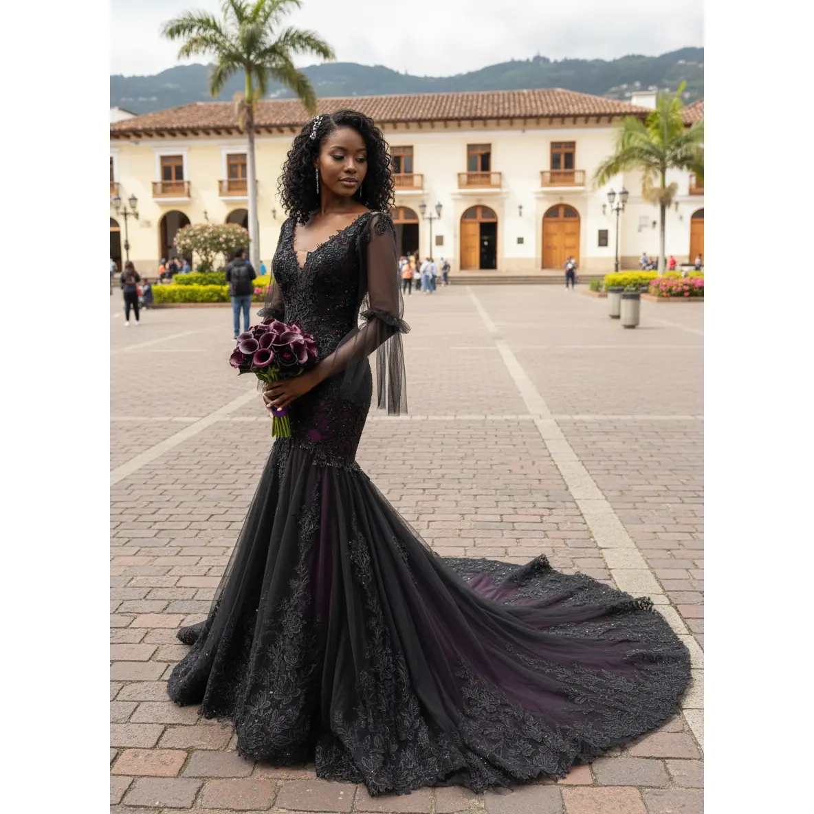 Megan Black and Purple Wedding Dress, Gothic Wedding Dress with sleeves,  Trumpet Black Dress, Black Dress, Illusion Back Wedding Dress - TikTok Shop
