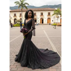 Megan Black and Purple Wedding Dress, Gothic Wedding Dress with sleeves, Trumpet Black Dress, Black Dress, Illusion Back Wedding Dress