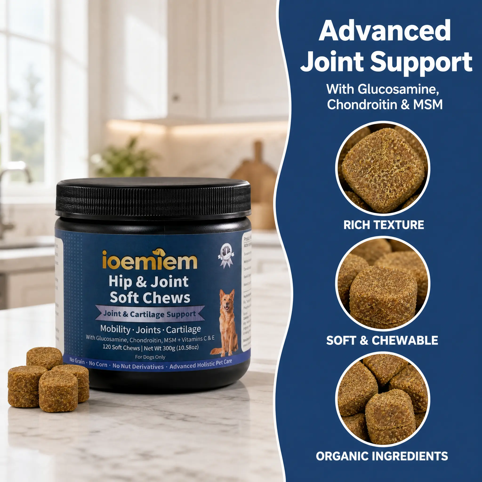 Ioemiem  Hip & Joint Mobility Bites for Dogs ， senior dog，hip and joints supplements dogs， joint chew，dog supplements，dog accessories，dog products，trending pet products，best joints supplements for dogs，mobility support，active ingredient， bacon flavor
