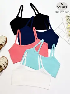 5-Pack Cute Girls Girly Safety Comfortable Solid Color Cami Bras, Ideal for Ages 7-16, Perfect for All Season Daily Wear