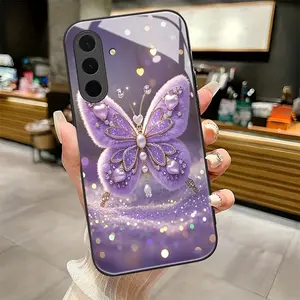 Enchanted Purple Butterfly  2D pattern Black Frame Glass Phone Case suitable for Samsung Galaxy A36 A12 A13 A14 A15 A16 A23 A24 A25 A26 A32 A33 A34 A35 4G 5G new model Individual Design,Unique Phone Case，ideal holiday gift
