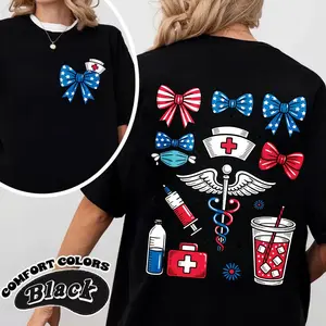 Women's Nurse-Themed Patriotic Pattern Double-Sided Print Shirt with Stars, Bows, And Medical Symbols, Suitable for Women and Men, Perfect Gift for Nurse,Women's Casual Street Style T-Shirt,Nurse Day Shirt for Women,Size S-5XL