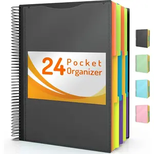 24 Pocket Project Organizer, 1/3-cut Tab Binder Organizer with Sticky Labels, Multi Pocket Folder with Zipper Pouch, Folder Binder Spiral Pocket Notebook, Office Supplies