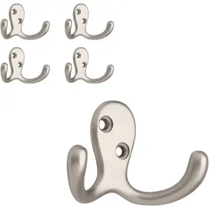 (5-Pack) Double Wall Hooks 2-Prong Coat/Hat Matte Nickel Hooks for Hanging Wall Mount Hanger Clothes, Purse, Bag, Towel Organization Decorative Wall Hooks