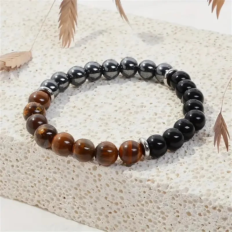 Unisex Beaded Bracelet for Adults with Tiger Eye, Black Tourmaline & Hematite, Minimalist Stretch Fit Genuine Gems Jewelry, Anniversary, Birthday, Elastic Bangle Bracelet, Beading, Daily Wear, Genuine Gemstones, Beaded Style, Bracelet Design, Casual