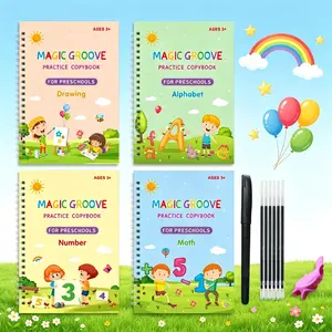 4 Pack Reusable Magic Groove Copybooks, Large Handwriting Practice Set for Kids Ages 3-8, Preschool Calligraphy Workbooks with Disappearing Ink, Letter Number Tracing & Drawing Learning Kit for Toddlers