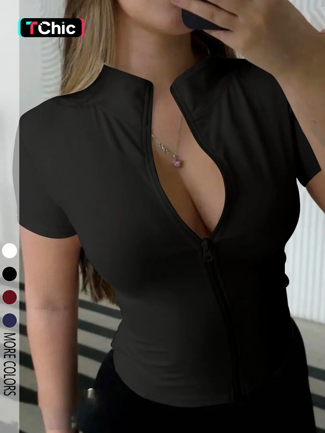 Women's Elegant Solid Color Zip-Up Short-Sleeve Shirts Top, Stylish Chic Casual Summer Wear, Perfect for Daily Outfits, Zipper