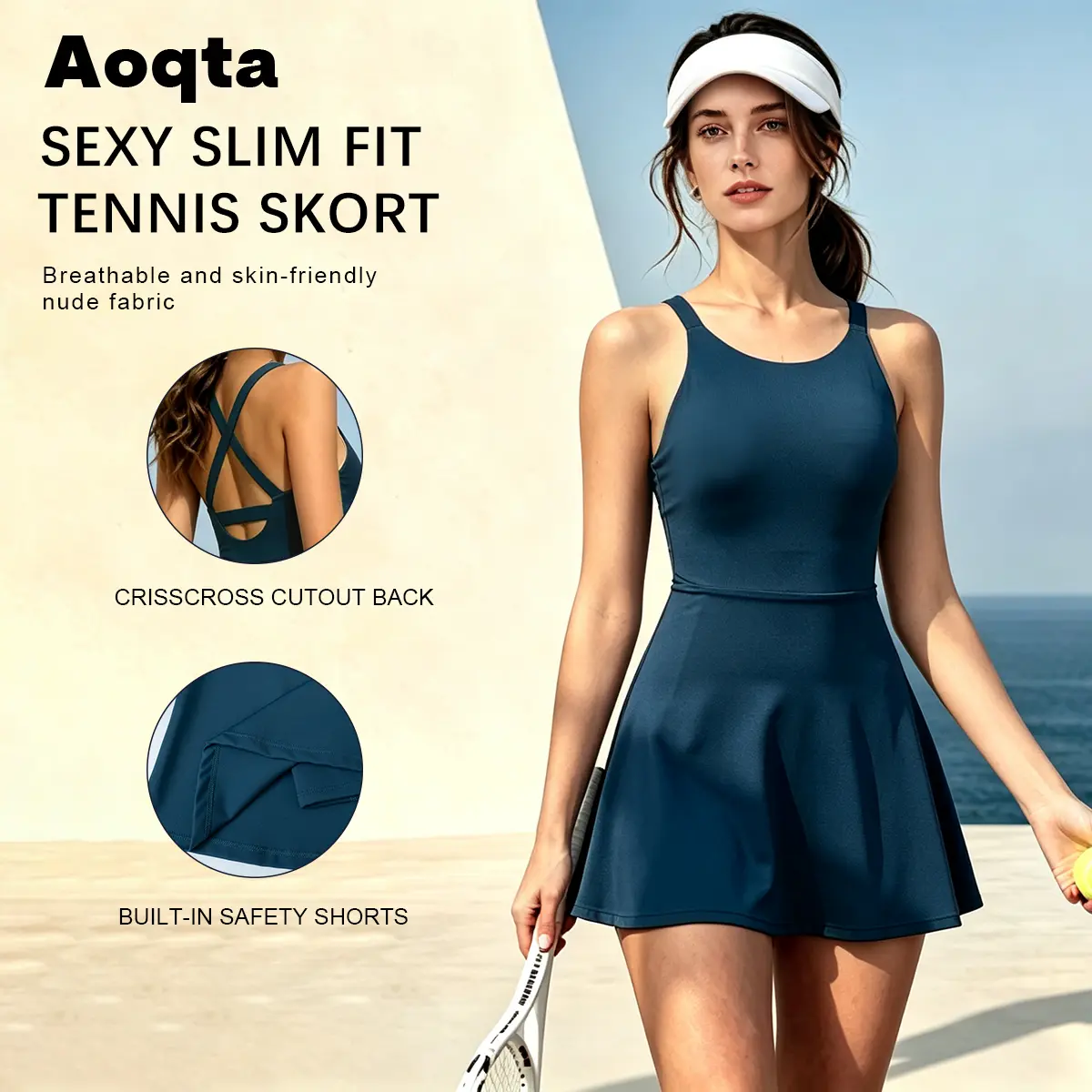 Aoqta athletic mini tennis dress with built-in safety shorts, women’s vintage tennis athletic dress, slim-fit strappy mini tennis dress, everyday athleisure preppy mini dress