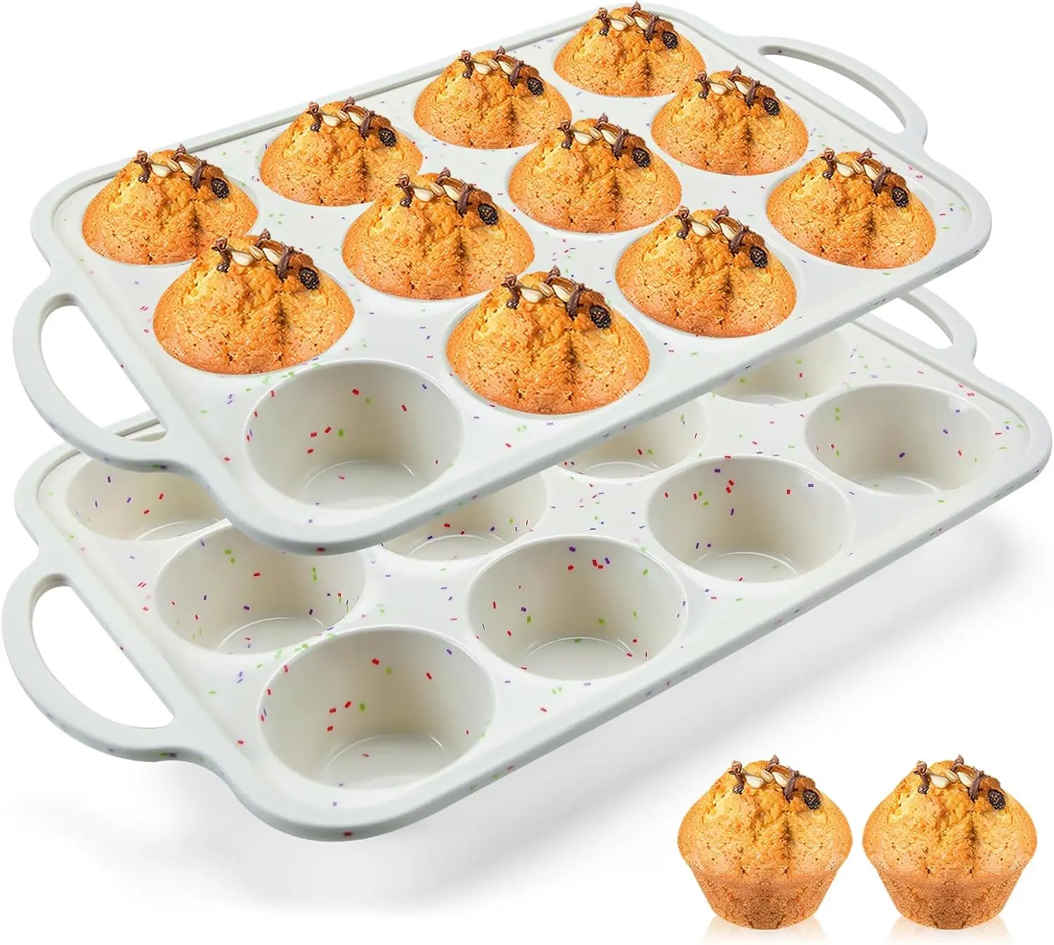 2Pack Silicone Muffin Pan for Baking with Metal Reinforced Frame, 12 Cup Regular Size Cupcake Pan, BPA Free Silicone Muffin Tray, Cupcake Baking Pan Bite Molds for Oven Dishwasher Safe