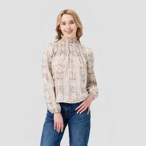 Women's Puff Long Sleeve Mock Turtleneck Smocked Blouse - A New Day Ivory Snakeskin XXL