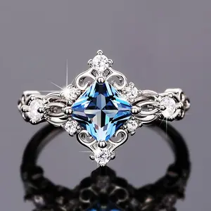 Light Luxury Elegant Floral Inlay Rhombus Inlaid Zircon Engagement Ring, Cubic Zirconia Rings for Index Finger