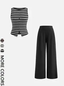 Striped Vest + Wide Leg Pants Set, Casual Matching Set, Casual Fitted High Waist, Spring & Fall, Daily Streetwear, Women's Fashion, Womenswear Everyday