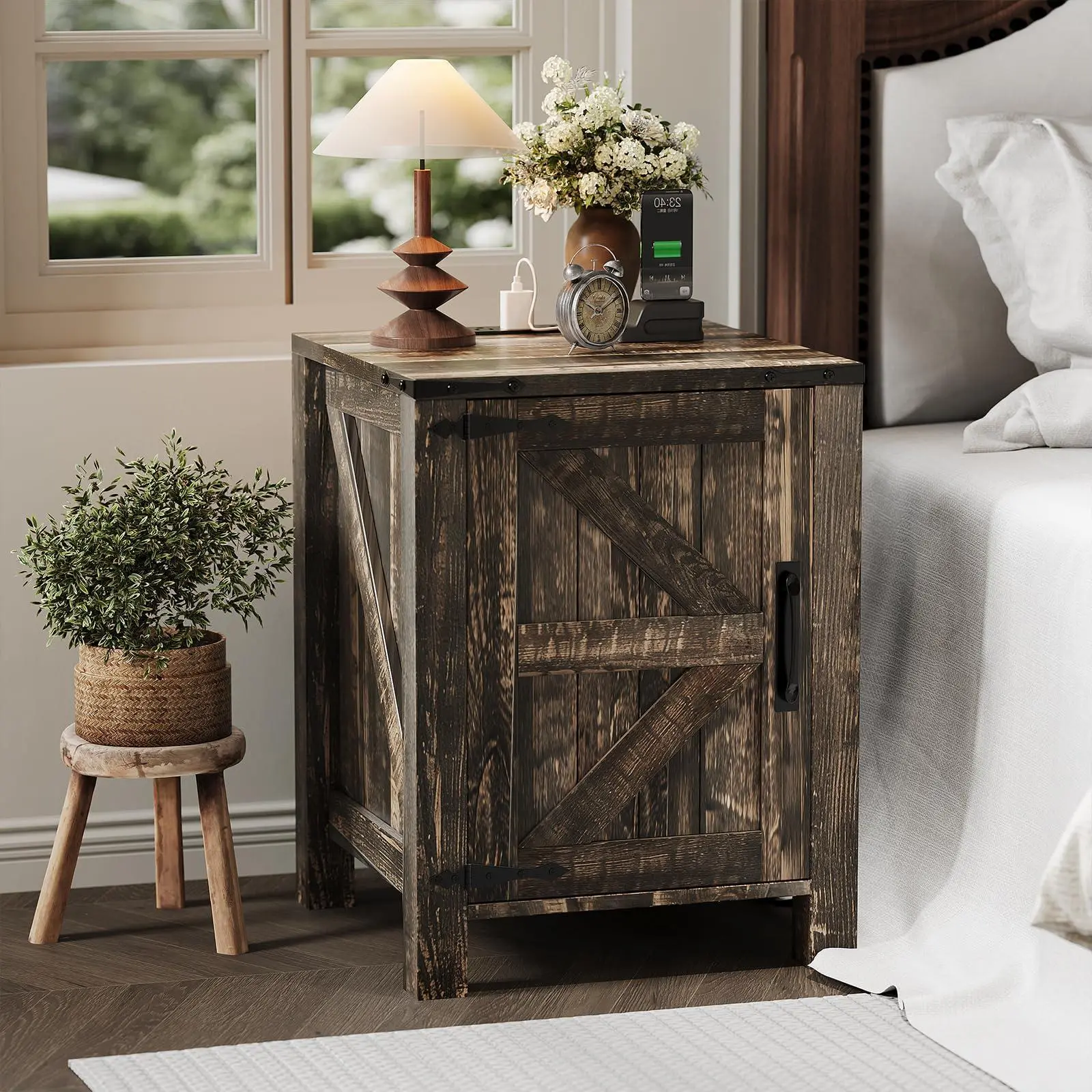 18 Inch Nightstand with Charging Station, Farmhouse Wooden Bedside Table with Barn Door and Adjustable Shelf, 2-Tier End Table for Bedroom and Living Room, Dark Brown