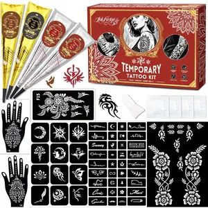 Temporary Tattoos kit, Waterproof Fake Tattoos with Tattoo cones 4 Pcs 3 Color (1 Black,1 Maroon 2 Cherry Red), Temporary Tattoo Stencil Set Women Men kids, Party Festival Christmas Gift