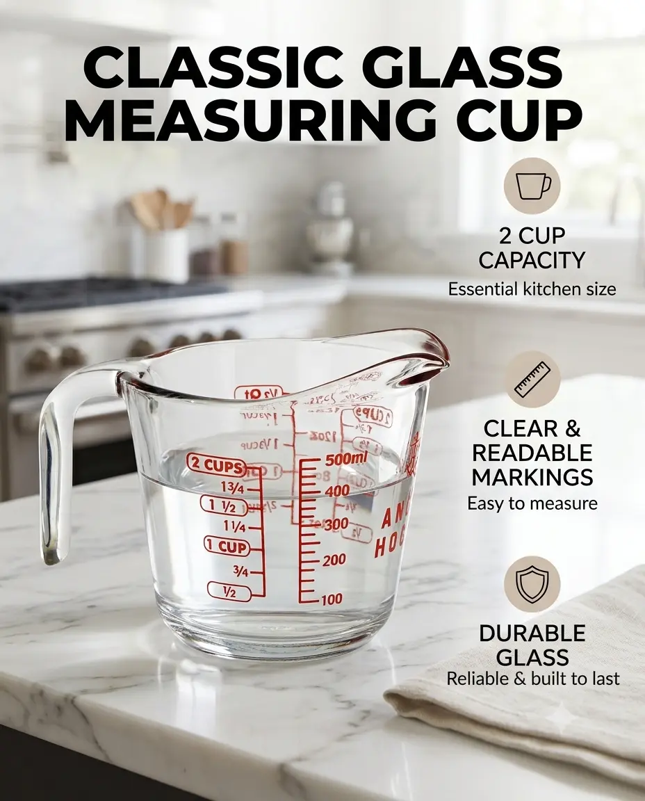 Classic Glass Measuring Cup 2 Cup Capacity with Clear Readable Markings Durable Glass for Essential Kitchen Use