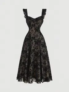 Women's Lace Sleeveless Dress, Elegant Party Sexy Backless Mesh Print Fashion Summer Maxi Dress, Casual V Neck Gothic Y2K Dress