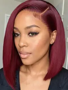 T1b/99j Burgundy Straight Short Bob Wigs, Human Hair 2x6 Lace Front Wig, Pre-Plucked Brazilian Hair, Women's Daily Use