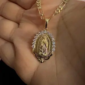 14K Gold plated Figaro Chain 22” inches with Virgin of Guadalupe pendant