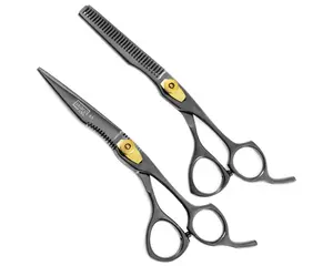 Black and Gold Colored Scissors Set, 6.5” Sharp and Thinning Scissors, Professional Barber Shears Set, Hair Dresser Gift Heatless Lightweight Haircare Stainless Stainless Steel Steel