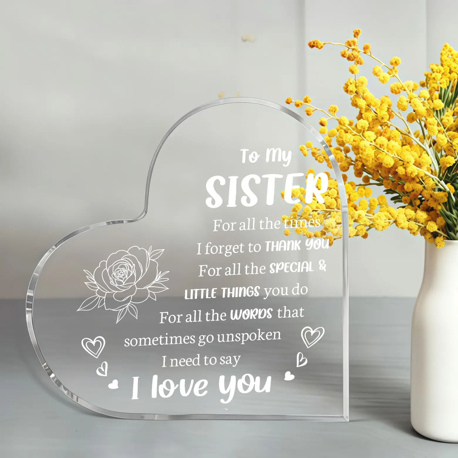 Engraved Rose Heart Acrylic Sister Plaque - Personalized Engraving Desktop Decor Sign, Romantic Feminine Home Supply, Commemorative Thanksgiving Christmas Gift for Celebrating Sister's Milestones (Heart Shape), Celebrate Sister's Milestones