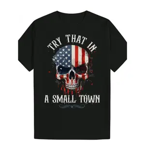 Patriotic American Flag Skull Graphic T-Shirt for Men, Black Tee with Red White & Blue Star Skull Design, "Try That in a Small Town" Statement, Breathable Elastic Cotton, Regular Fit, Machine Washable, Casual Streetwear for Fourth of July, Concerts