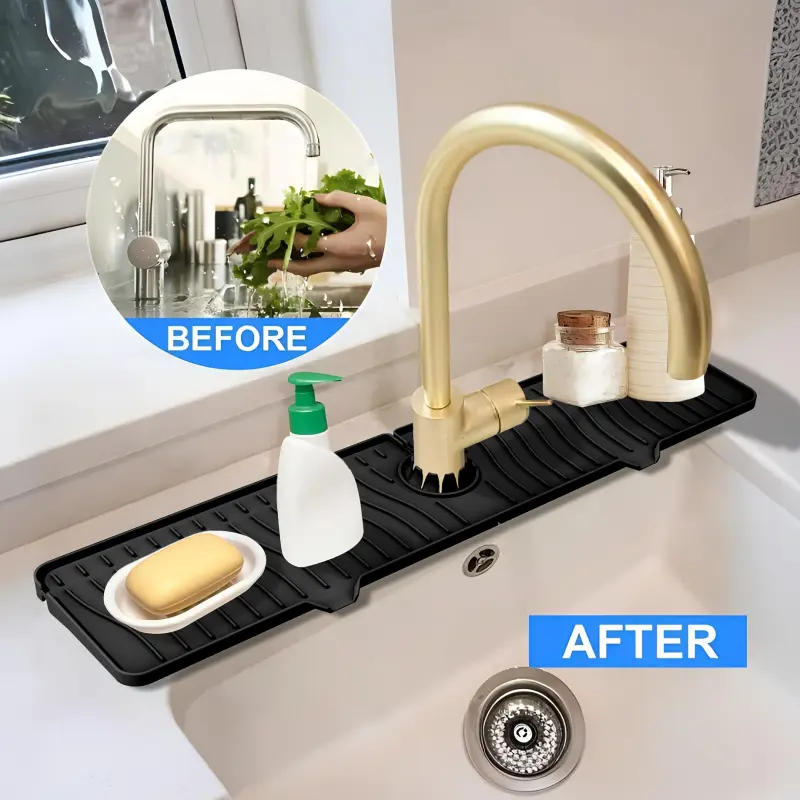 1 Silicone Faucet Water Splash Guard - Foldable, Anti-slip, Textured Surface, Suitable for Kitchen And Bathroom Sinks, Multiple Compartments to Prevent Overflow, Bathroom Sink Mat | Foldable Design, Sink Accessory, Spill Prevention, Antislip Grip