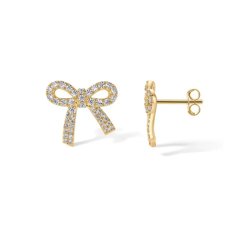 Gold Plated Bow Stud Earrings for Women, Dainty Coquette Style with Sparkling Cubic Zirconia for Earring Stacks, Feminine Aesthetic Birthday Gift Idea, Happy Birthday, Birthday Gift Ideas