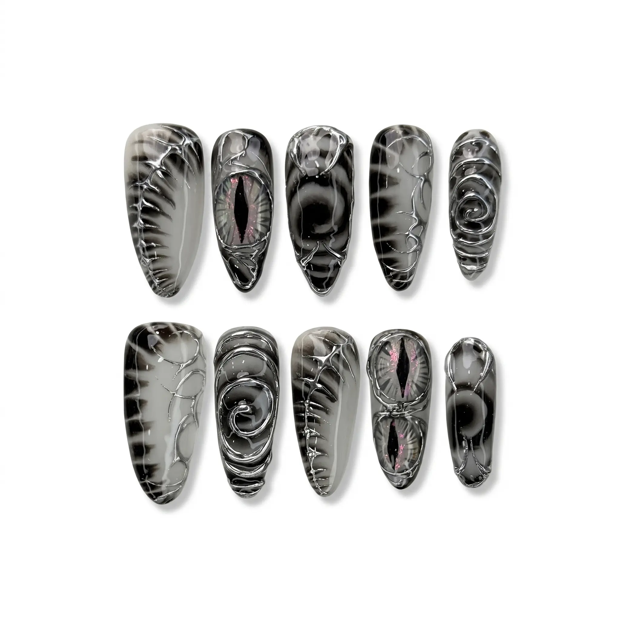 GlossyMuse Acrylic Pressed Nails, Halloween Gothic Black Fake Nails Kit (24 Pieces) - 3D Accents, 3D Rose, Spider Web, Evil Eye Designs, Glossy Marble Almond Shape, Reusable Salon Shine unique look
