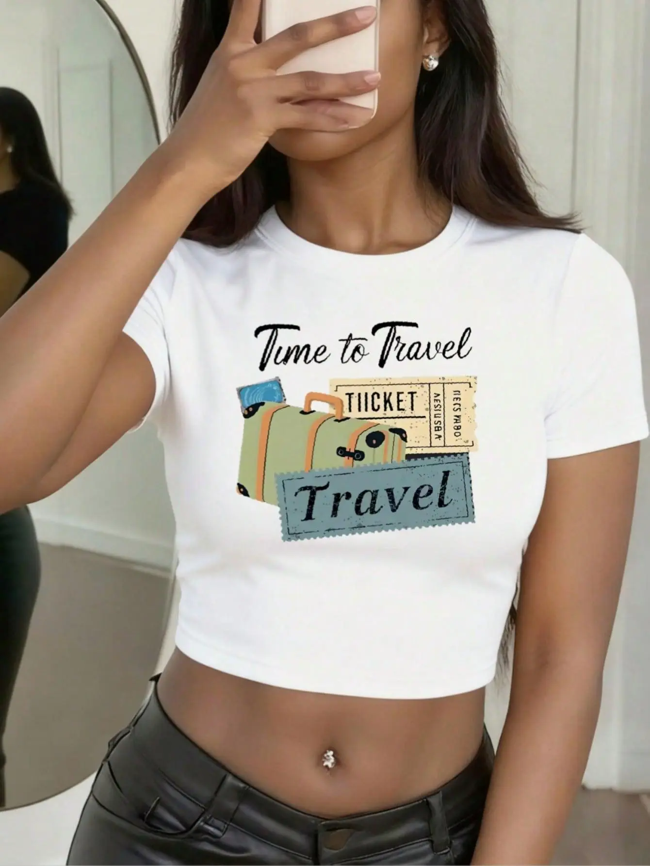 Women's Cotton Crop Top - 1PC Seamless Short-Sleeve Crew Neck, Unique Print, Breathable Casual Sexy Form-Fitting Midriff-Baring T-Shirt, Everyday, Round Neck, Vintage, Fabrics, Shortsleeve