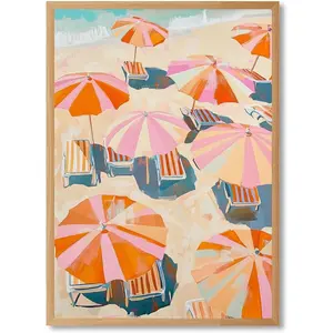 Framed Striped Beach Umbrella Aerial Wall Art Trendy Colorful Coastal Painting Italian Riviera Canvas Print Beach House Posters Pastel Summer Wall Decor for House Living Room 8x12inch