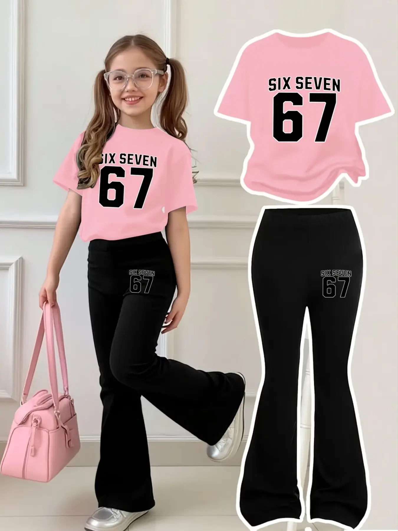 Girls' Sweet Cool 67 Letter Number Short Sleeve Bell Bottom Set, Tee Pants Set, Casual Fitted, All Seasons, Breathable and Comfortable, Girl Clothes School