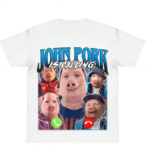 🐷[100%cotton][Graphic Tee]Oversized 100% Cotton John Pork Is Calling Graphic Tee Funny Viral Meme Shirt, Soft Breathable Casual Crew Neck T Shirt, Y2K Streetwear Trend, Unisex Comfort Short Sleeve Summer Top, Perfect Birthday Gift Trending Fashion