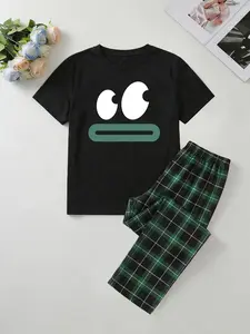 Funny Cartoon Pajama Set, Loungewear, Loose Fit, Relaxed Fit, Unisex, Plaid Long Pants, Soft Breathable Fabric, Ideal for Home & Casual Wear