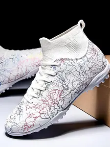 Sporty Men's All Over Print Lace Up High Top Football Shoes, Sporty Breathable Comfortable Spiked Soccer Shoes, Football Cleats for Training & Competition, Turf Shoes
