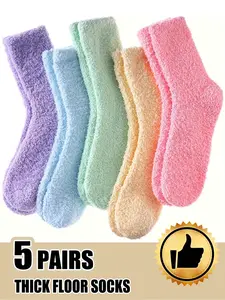 5 Pairs Solid Fuzzy Fluffy Slouch Cozy Socks, Anti-Slip Indoor Slippers for Men & Women, Warm & Plush for Autumn and Winter, Casual Style