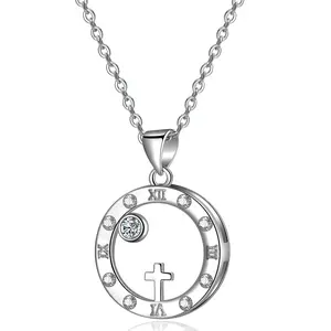 925 Sterling Silver Roman Numeral Pendant Necklace with 18k White Gold Plated Cubic Zirconia Love Jewelry for Women