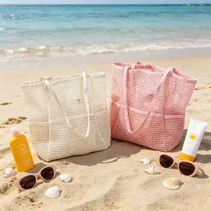 Foldable Mesh Beach Tote with Zipper, Large Capacity Water-Resistant Carryall for Pool and Shower, Handheld or Shoulder Bag for Cosmetics, Swim Gear and Grocery, Perfect for Travel, Gym and Daily Errands