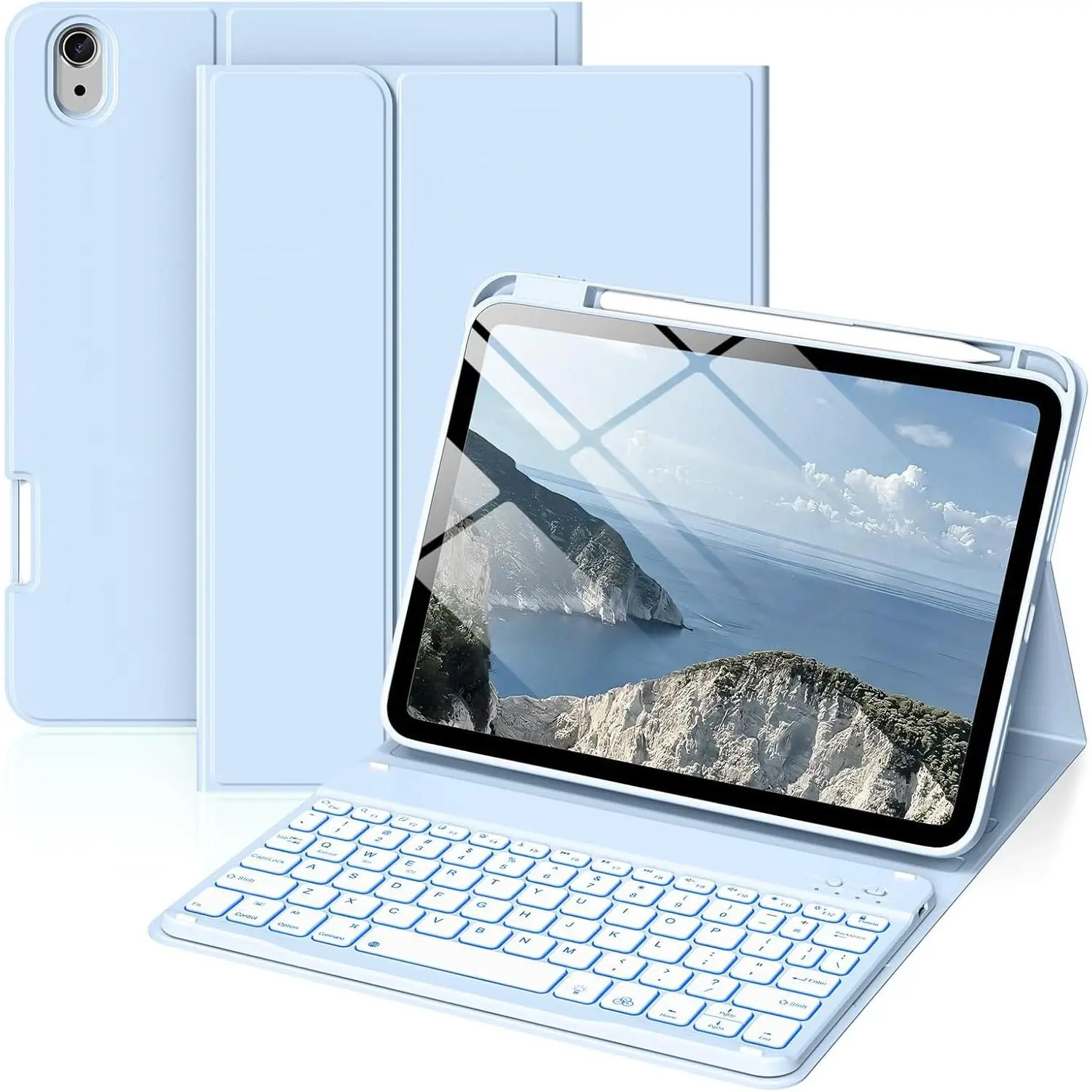 for iPad A16 Case with Keyboard: Detachable  Backlit Keyboard Case, for iPad 10th Generation 10.9 11 Inch Case with Pencil Holder for Students, for Daily Learning (Frost White)
