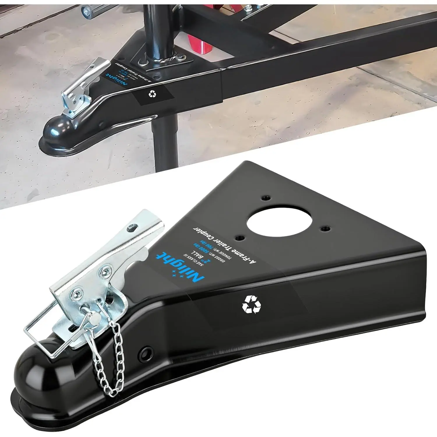 Nilight Rugged Class III A-Frame Trailer Coupler Hardware, 2-Inch Hitch Ball Precise Fit, 5000LBS Capacity, Easy Adjustment Nut, Security Latch & Chain, Black Powder Coated, Corrosion & Weather Resistant Boat Trailer Accessory