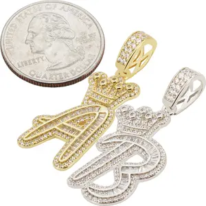 925 Sterling Silver 14k Gold Vermeil AAA Cubic Zirconia Crown Initial Pendant