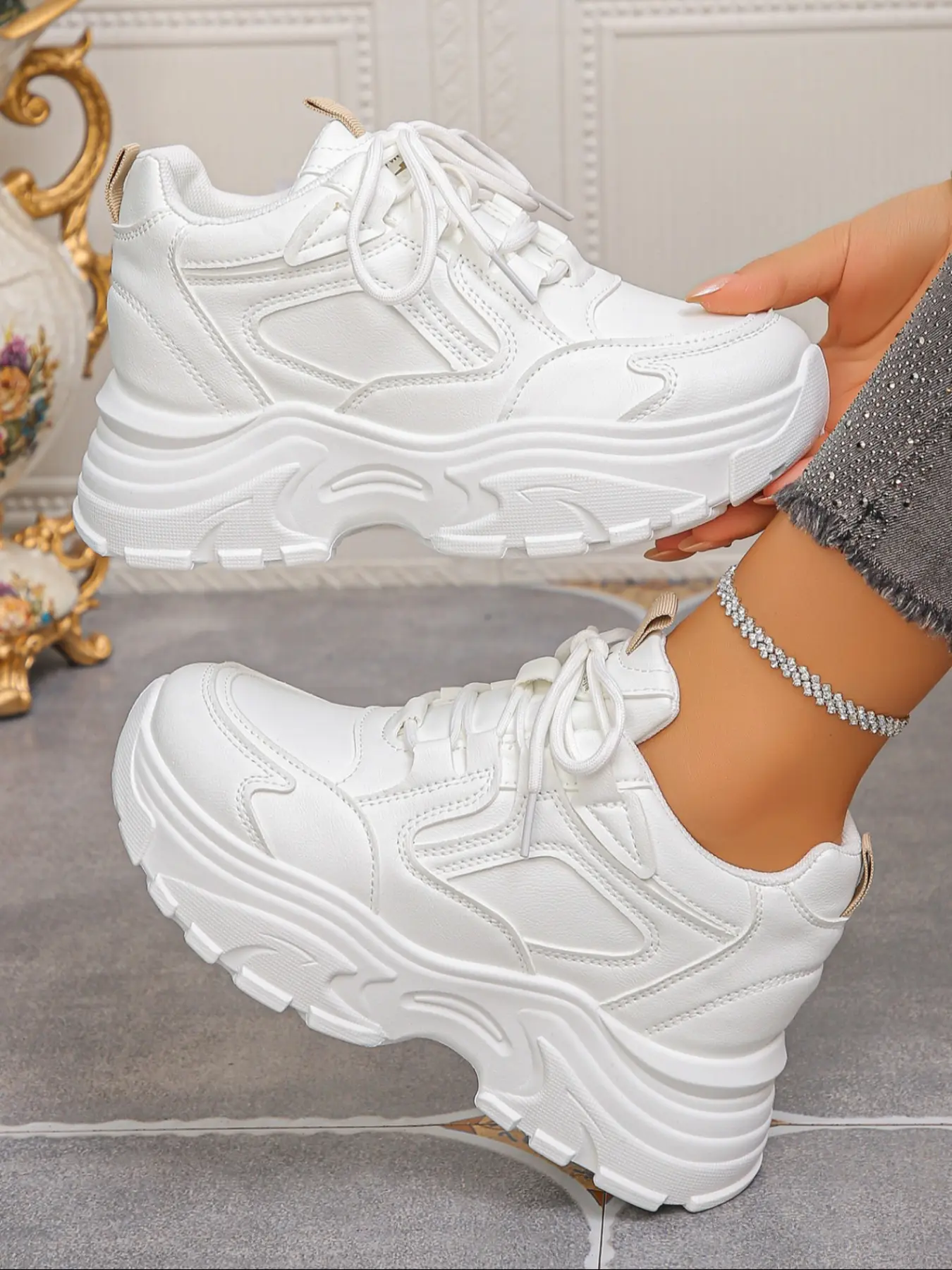 Women's Thick Sole Platform High Top, Solid Color Lace-Up Height Increasing Sneaker Shoes, Casual Comfortable Walking Shoes