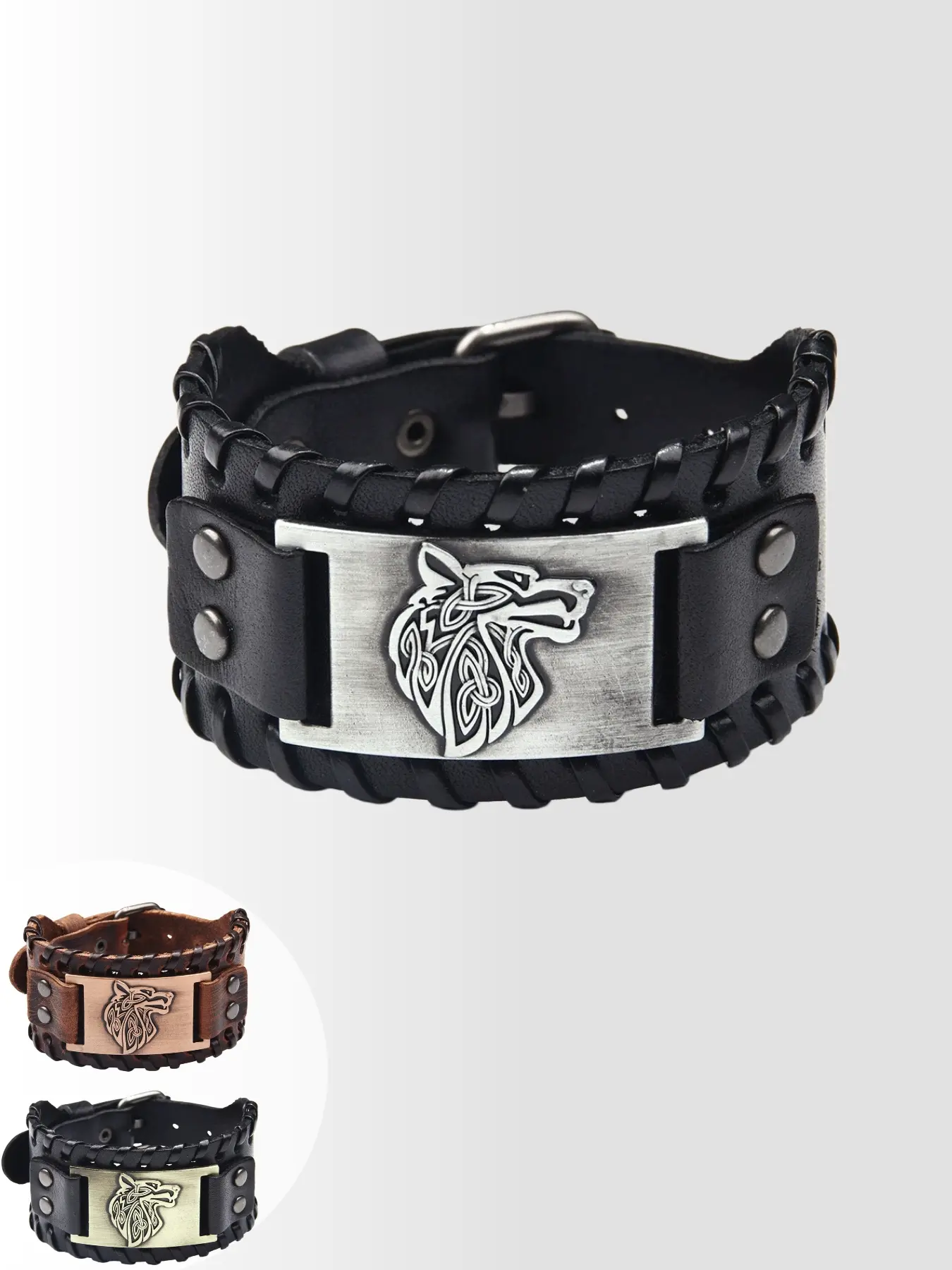 Viking Wolf Head Genuine Leather Bracelet, Men's Hip-hop Braided Wide Cowhide Wristband, Vintage Gothic Punk Style Jewelry, Fashion Bracelet