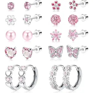 CASSIECA 10Pairs Small Earrings Set for Women Stainless Steel Cute Stud Earrings Butterfly Flower CZ Pink Heart Hoop Earrings Screw Back Multicolored Hypoallergenic Earrings Set