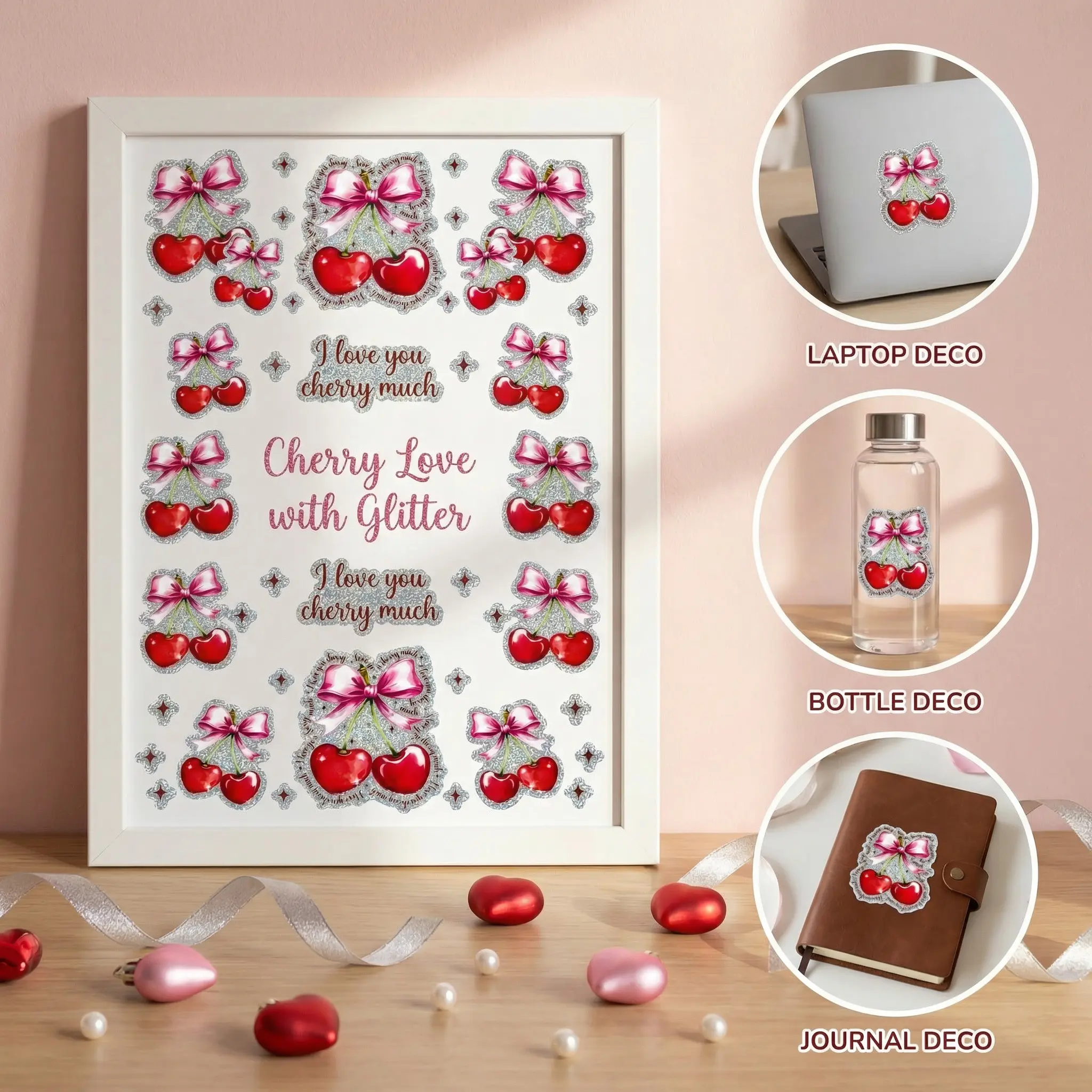 Premium Glitter 16oz UV-DTF Cup Wrap Stickers, Cherry Sweet Thickened Print Decals, Long-Lasting DIY Decor for Tumblers, Cups, Mugs & Daily Craft Projects, Backpacks
