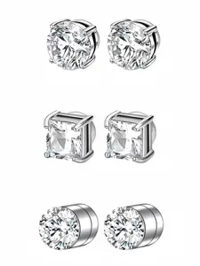 Stainless Steel Square Round Zircon Magnet Earrings Set, Fashion No Piercing Ear Clips for Men Women, Elegant Unisex Jewelry Accessories