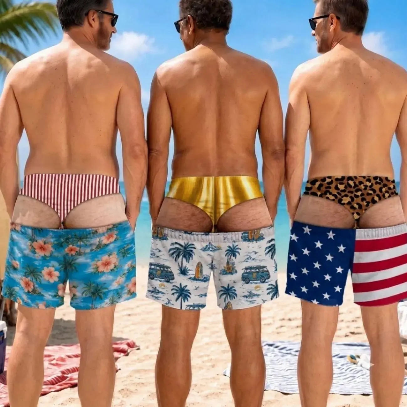 Funny Men’s Swim Trunks, Custom Fake Underwear Beach Shorts, Wide Load Birthday Gag Gift For Him 87M WEM
