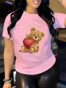Women's Heart & Bear Print Round Neck Tee, Fashion Casual Crew Neck Short Sleeve T-Shirt for Daily Holiday Vacation Outdoor Wear, Ladies Clothes for All Seasons