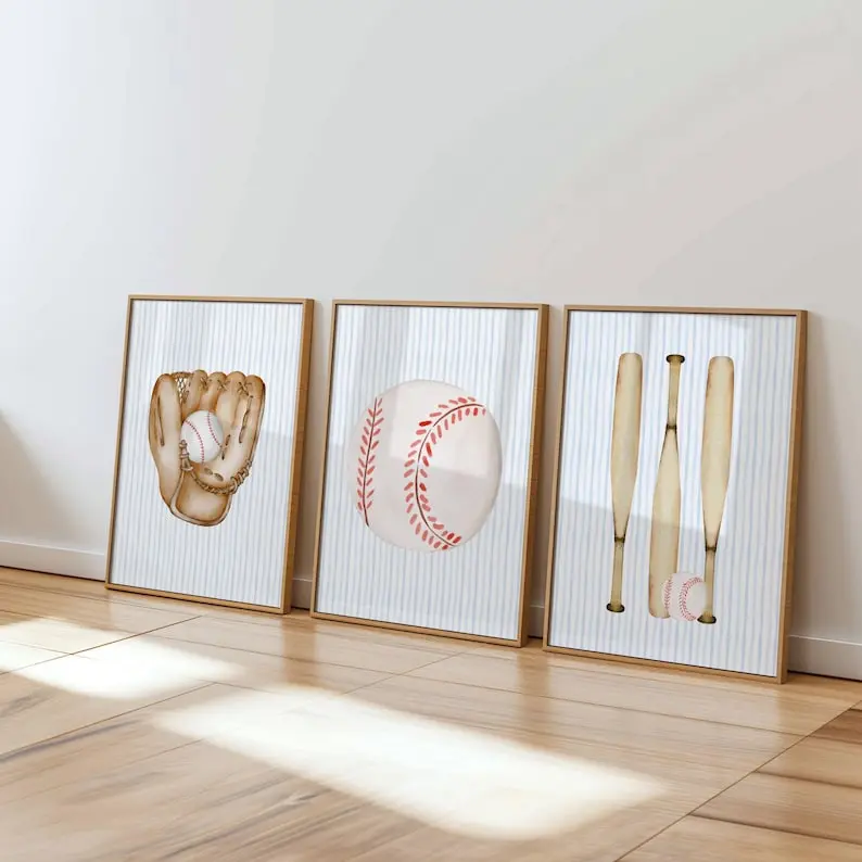 Baseball Nursery Art Set: Blue Striped Sports